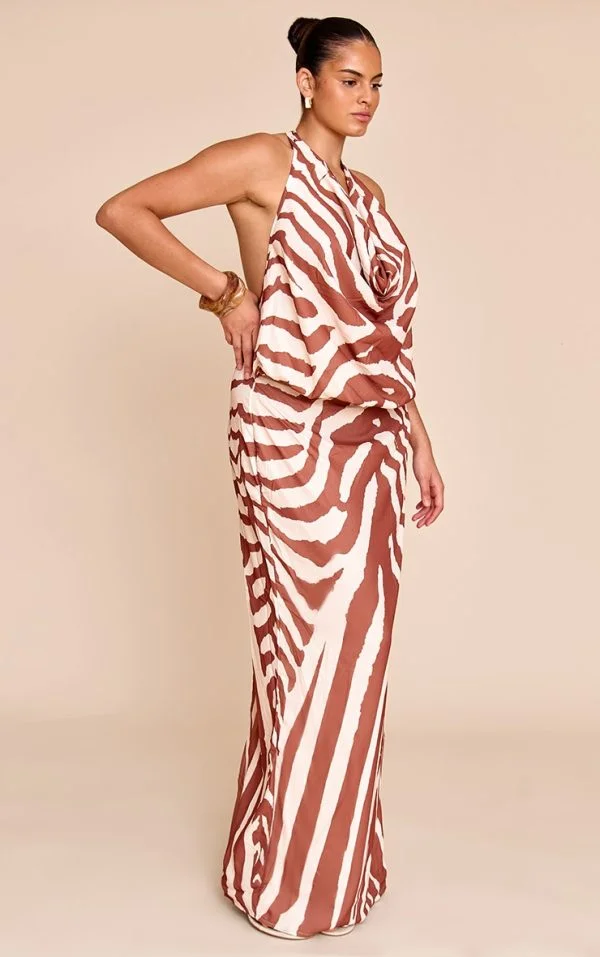 Plus Tan Zebra Abstract Print Chiffon Cowl Neck Maxi Dress