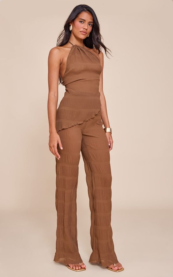Chocolate Brown Textured Sheer Woven Mid Rise Straight Leg Pant