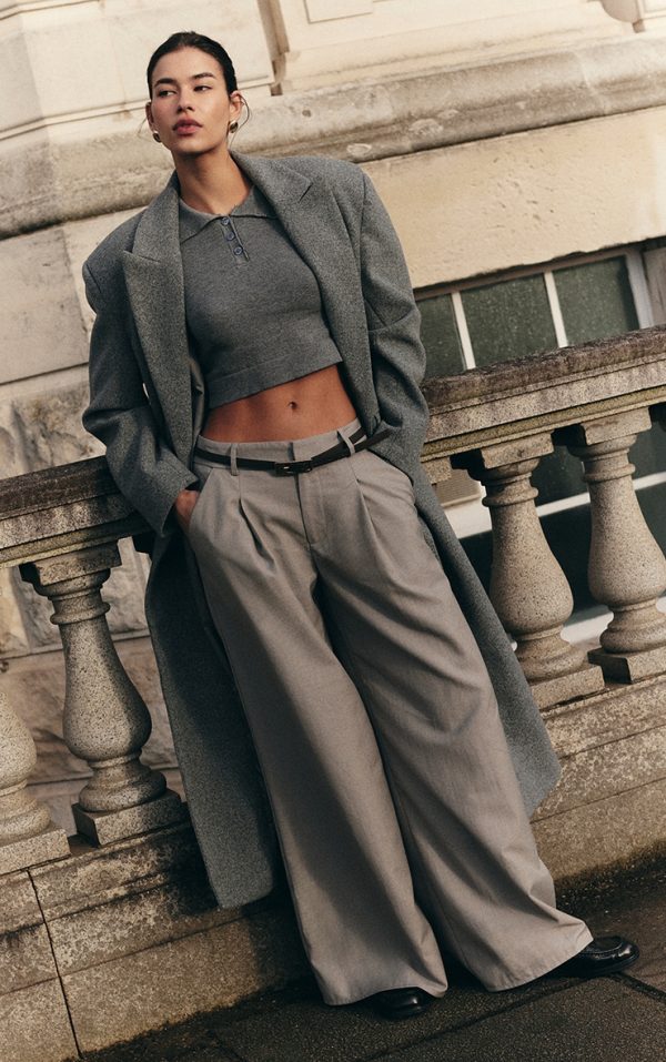 Grey Woven Double Pleat Wide Leg Pants