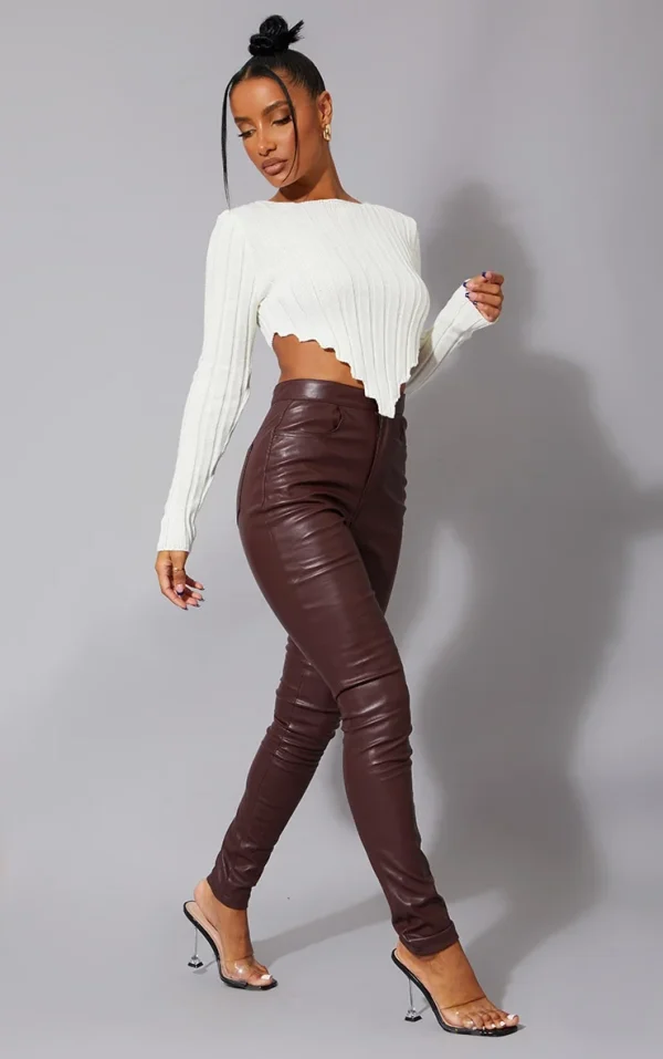 Dark Chocolate Button Up Faux Leather Skinny Pants