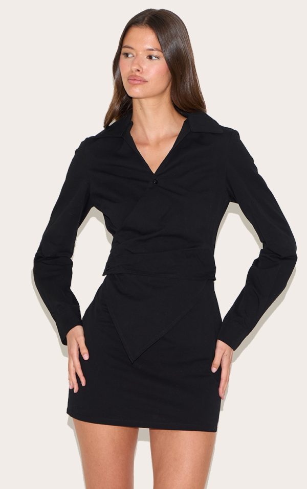 Black Woven Asymmetric Pearl Detail Shirt Dress
