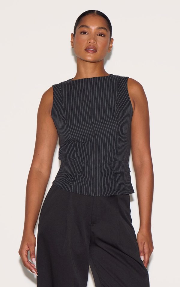 Black Pinstripe Peach Skin Sleeveless Long Top