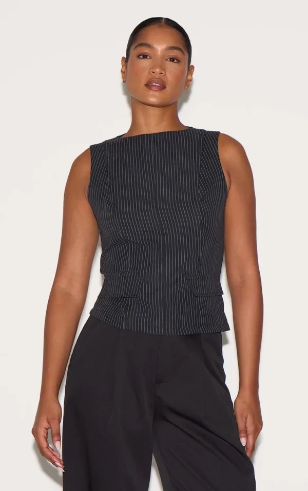 Black Pinstripe Peach Skin Sleeveless Long Top
