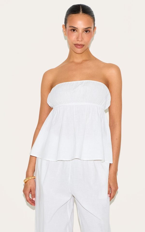 Petite White Linen Look Peplum Bandeau Top