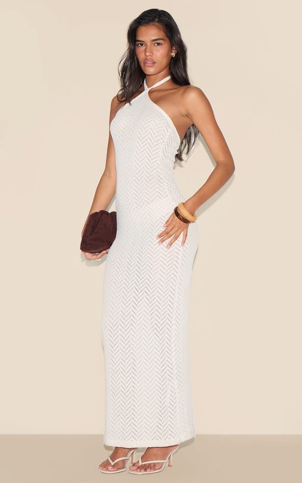 Cream Textured Tie Halter Maxi Dress