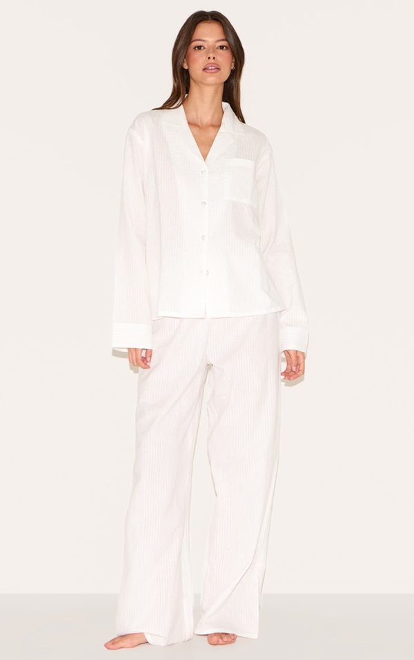 White Seersucker Revere Collar Long Pj Set