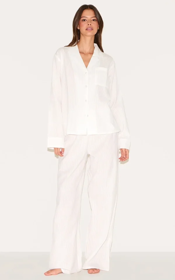 White Seersucker Revere Collar Long Pj Set