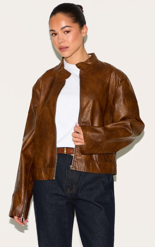 Chocolate Faux Leather Washed Boxy Biker Jacket