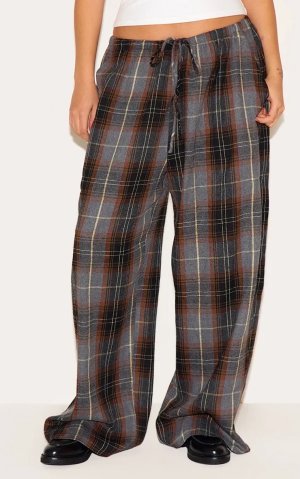Plus Dark Brown Check Print Drawstring Waist Slouchy Pants