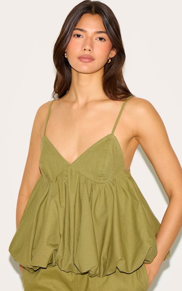 Olive Strappy Puffball Cami Top