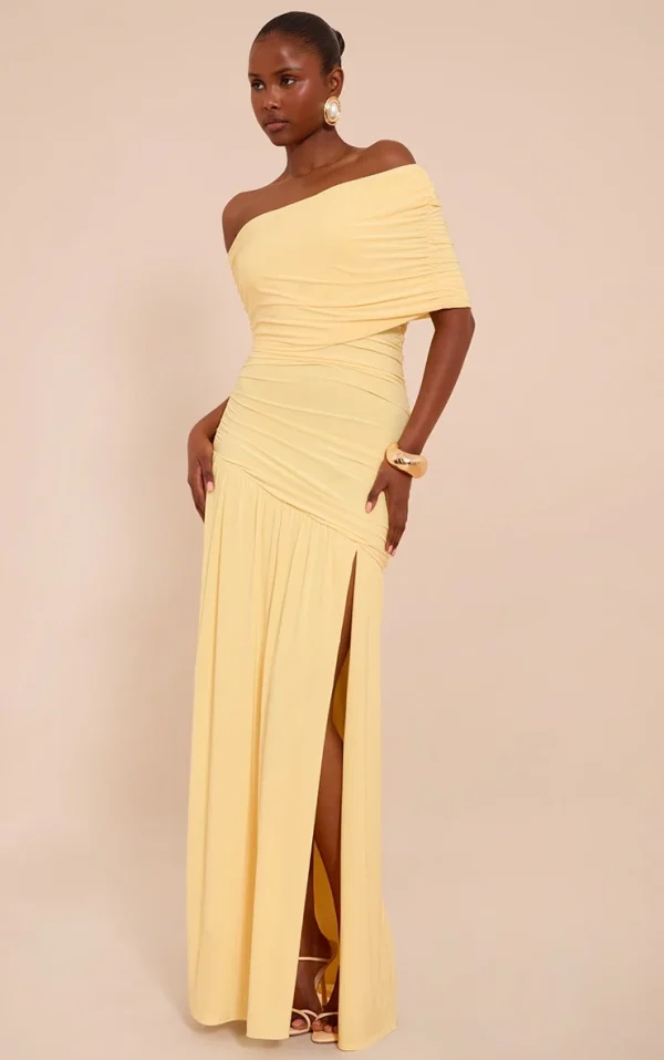 Lemon Double Layer Slinky Bardot One Shoulder Ruched Maxi Dress