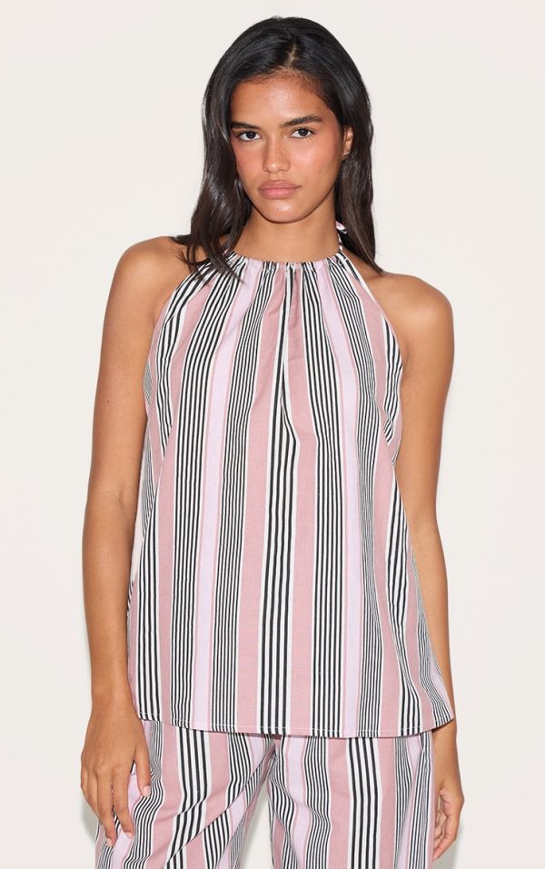 Pink Linen Look Striped Halterneck Top