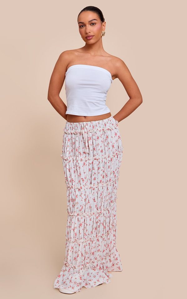 Pink Ditsy Floral Print Tiered Maxi Skirt
