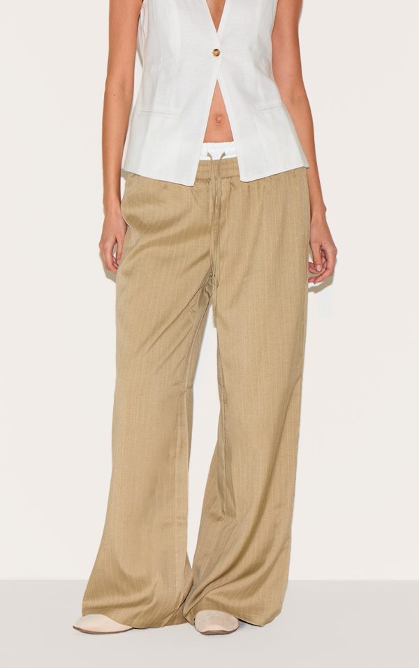 Olive Pinstripe Print Button Front Straight Leg Pants