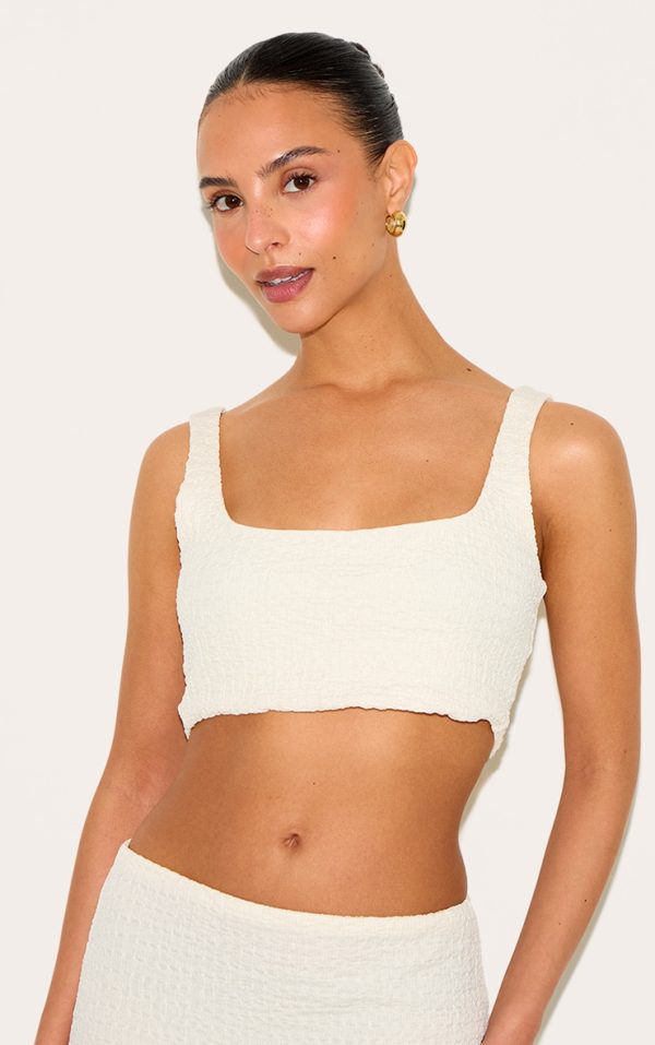 Petite Cream Textured Scoop Neck Crop Top