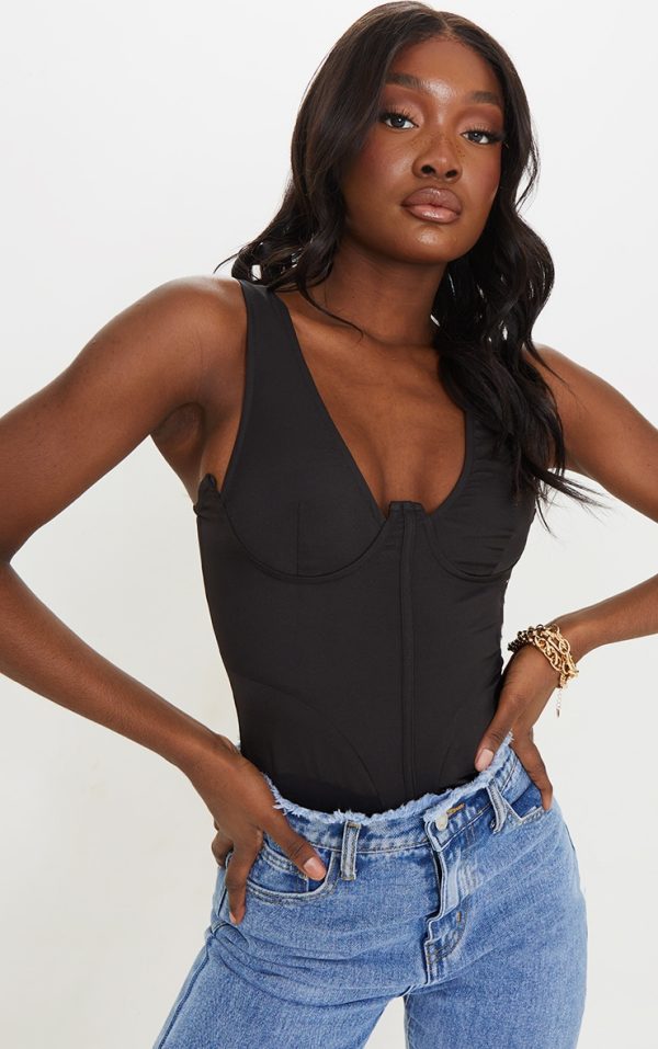 Tall Black Corset Detail Woven Bodysuit