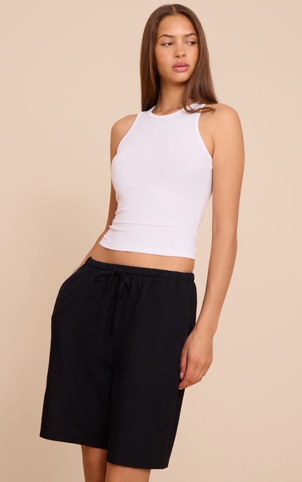 Black Linen Blend Longline Shorts