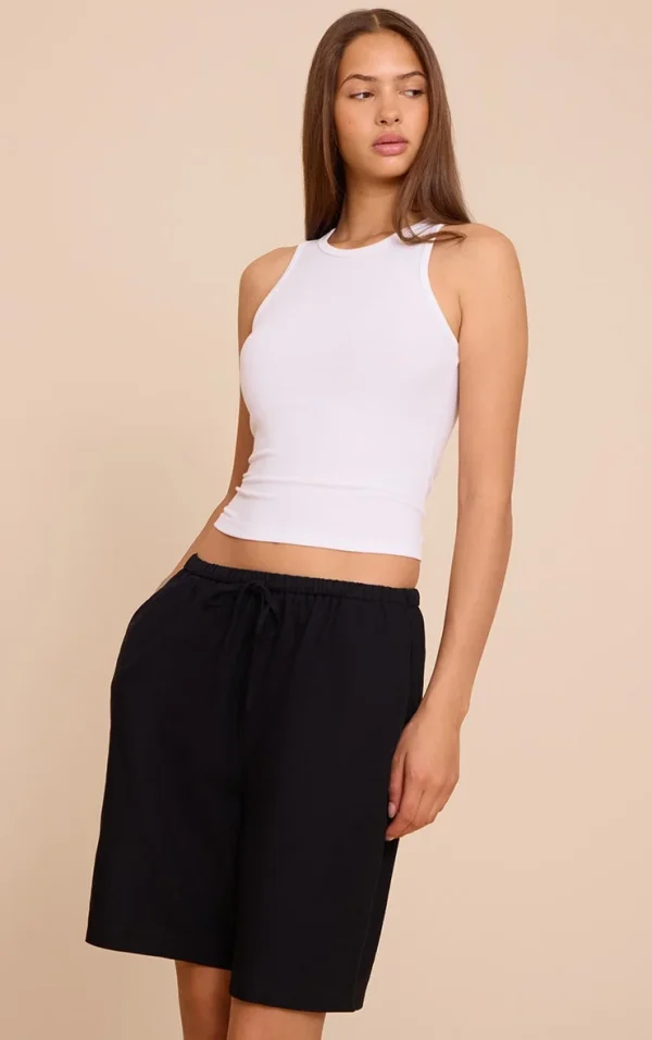 Black Linen Blend Longline Shorts