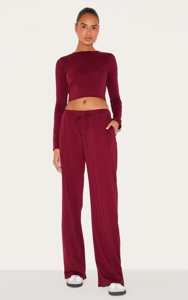 Burgundy Cotton Wide Leg Pants