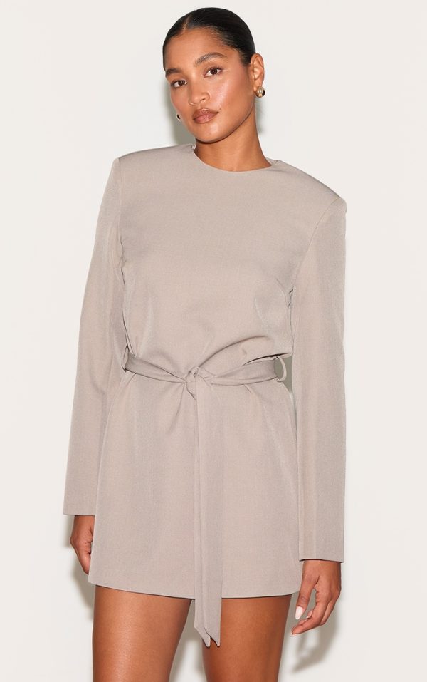 Grey Tailored Belt Detail Long Sleeve Shift Dress