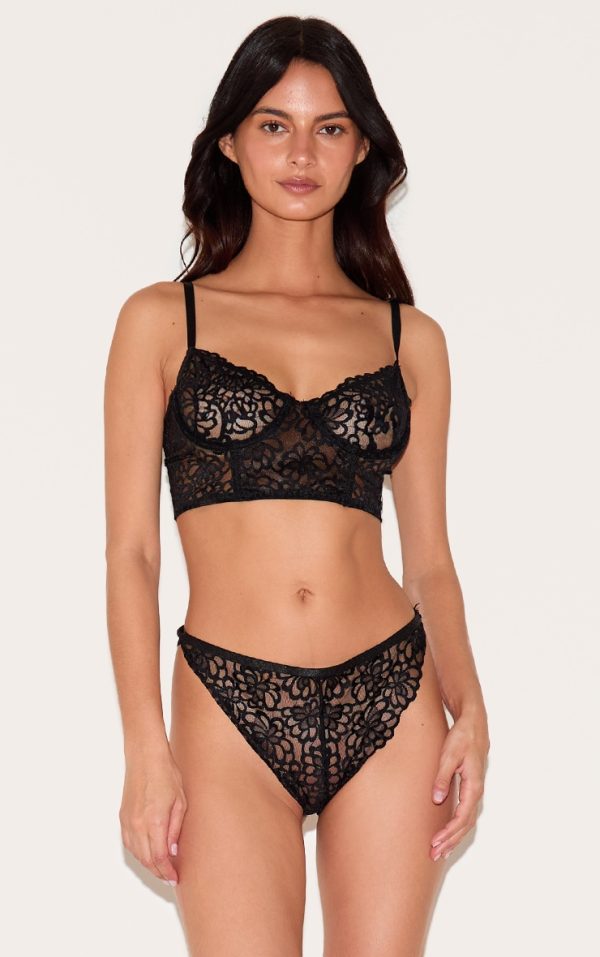 Black Floral Scalloped Edge Lace Longline Bra And Panties Set