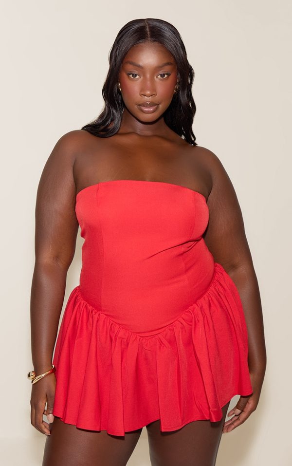 Plus Tomato Red Woven Bandeau Dropped Waist Romper