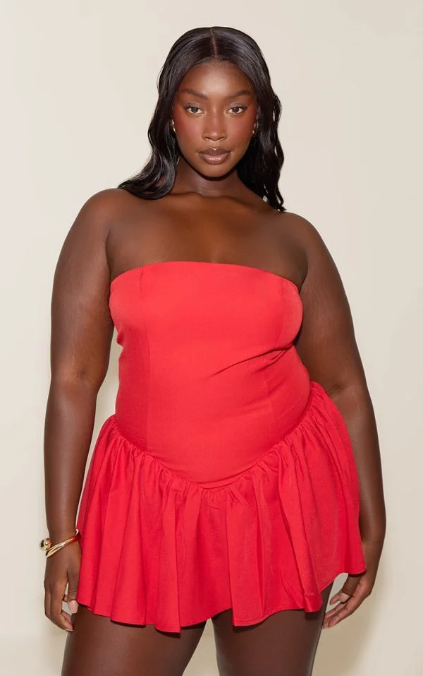 Plus Tomato Red Woven Bandeau Dropped Waist Romper