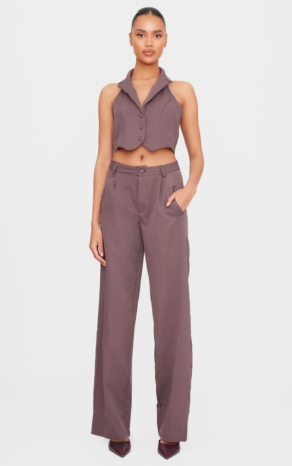 Dark Brown Woven Pleat Detail Wide Leg Pants