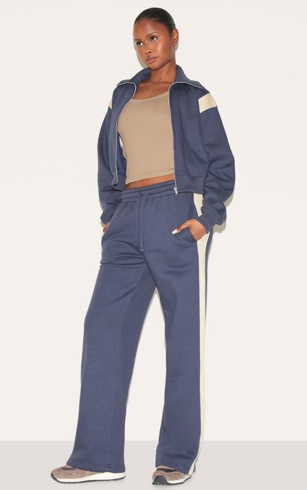 Midnight Blue Contrast Panel Detail Wide Leg Sweatpants