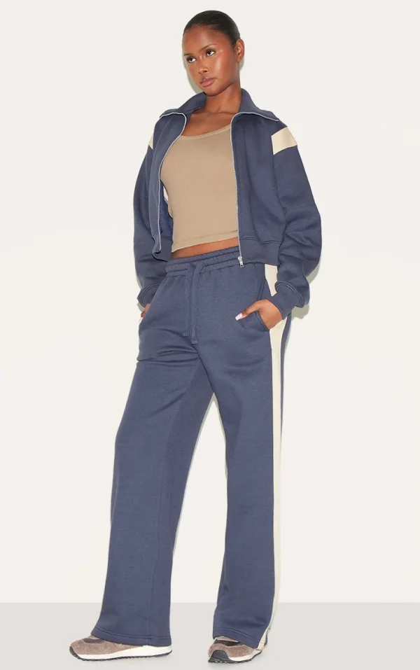 Midnight Blue Contrast Panel Detail Wide Leg Sweatpants