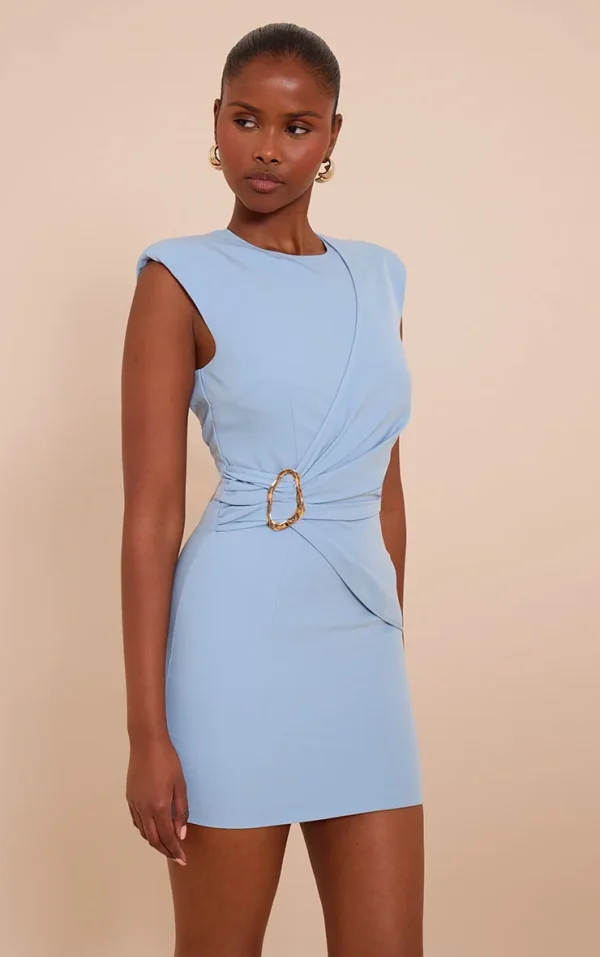 Blue Woven Ruched Trim Detail Mini Dress