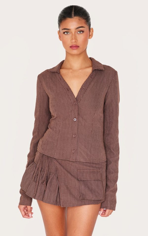 Dark Brown Peach Skin Pinstripe Woven Long Sleeve Cargo Shirt