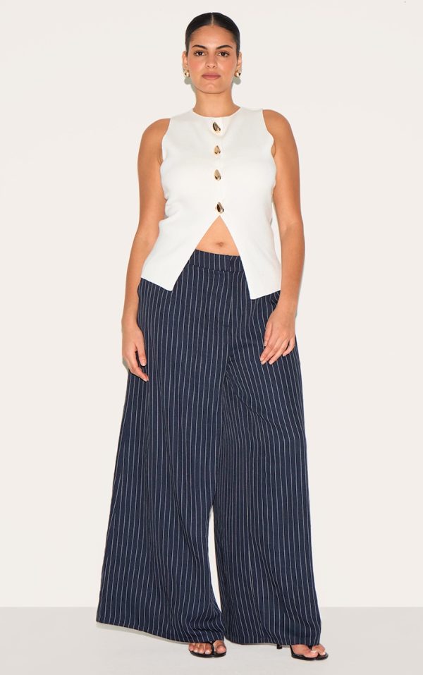 Plus Navy Maxi Pinstripe Tailored Woven Straight Leg Pants
