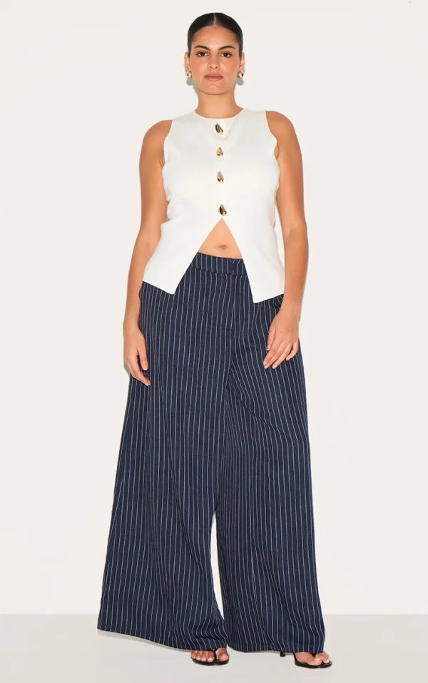 Plus Navy Maxi Pinstripe Tailored Woven Straight Leg Pants
