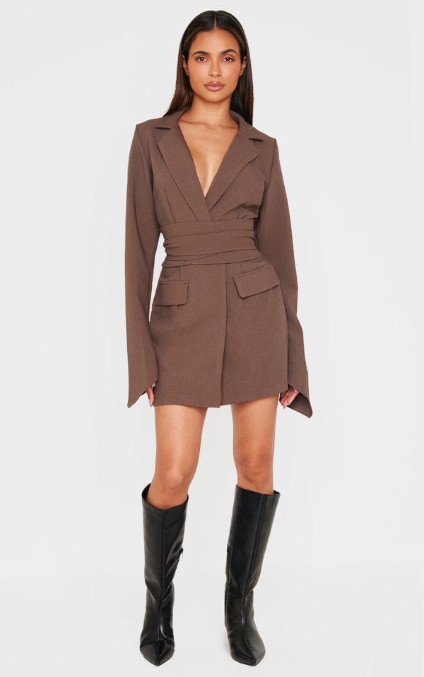 Chocolate Woven Wrap Belted Blazer Dress