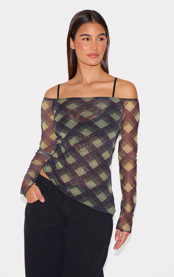 Multi Checked Bardot Asymmetric Hem Long Sleeve Top