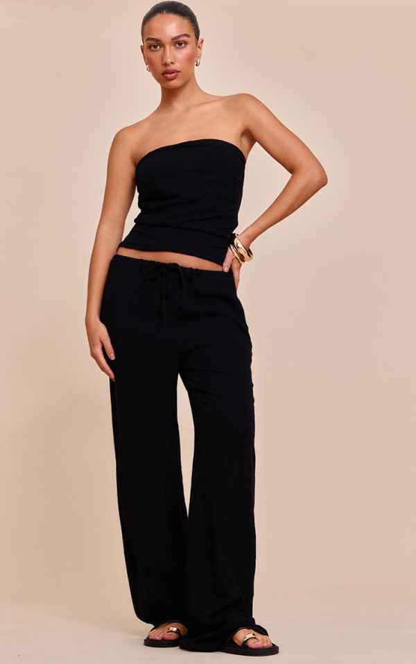 Black Textured Mid Rise Wide Leg Drawstring Pants