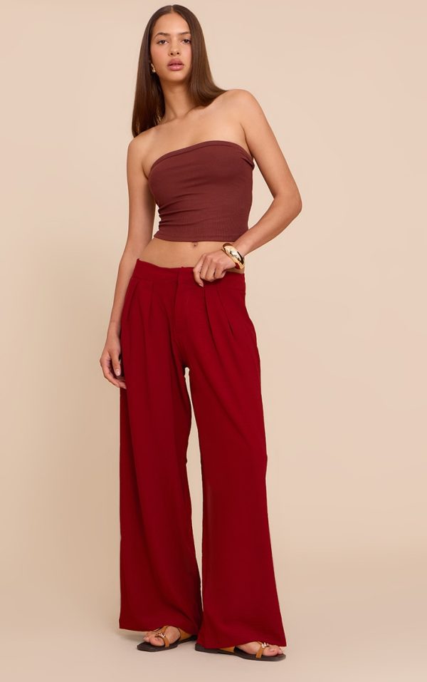 Deep Red Floaty Woven Double Pleat Wide Leg Pants