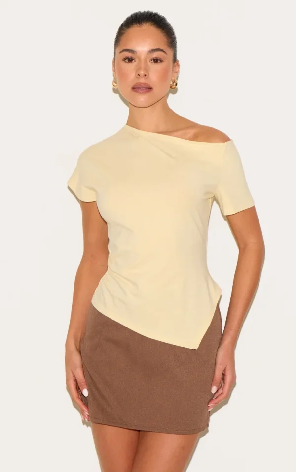 Butter Yellow Cotton Off Shoulder Drape Longline Top