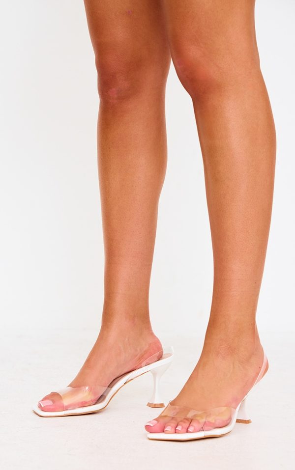 White Low Cake Stand Square Toe Clear Strap Slingback Heeled Sandals