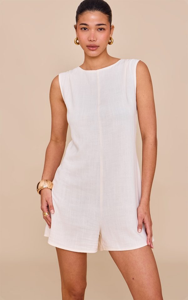 Natural Linen Blend Slouchy Boat Neck Romper