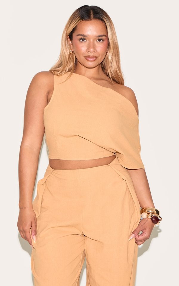 Shape Olive Linen Look Asymetrical Off The Shoulder Top