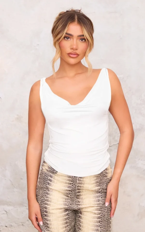White Slinky Twist Arm Cowl Long Top