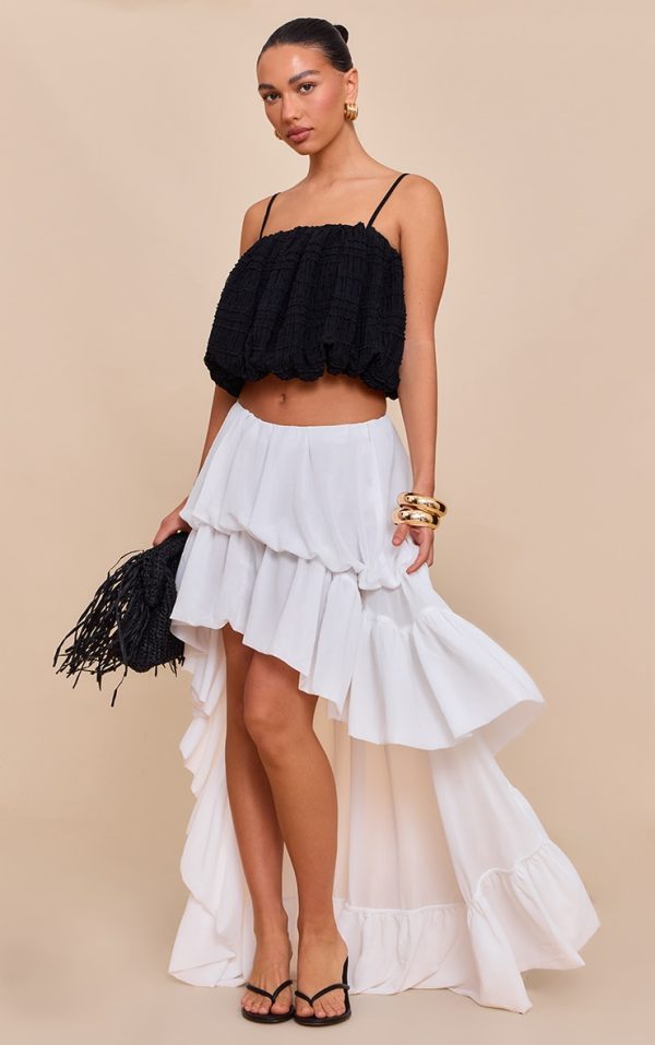 White Chiffon Tiered Puffball Waterfall Style Maxi Skirt