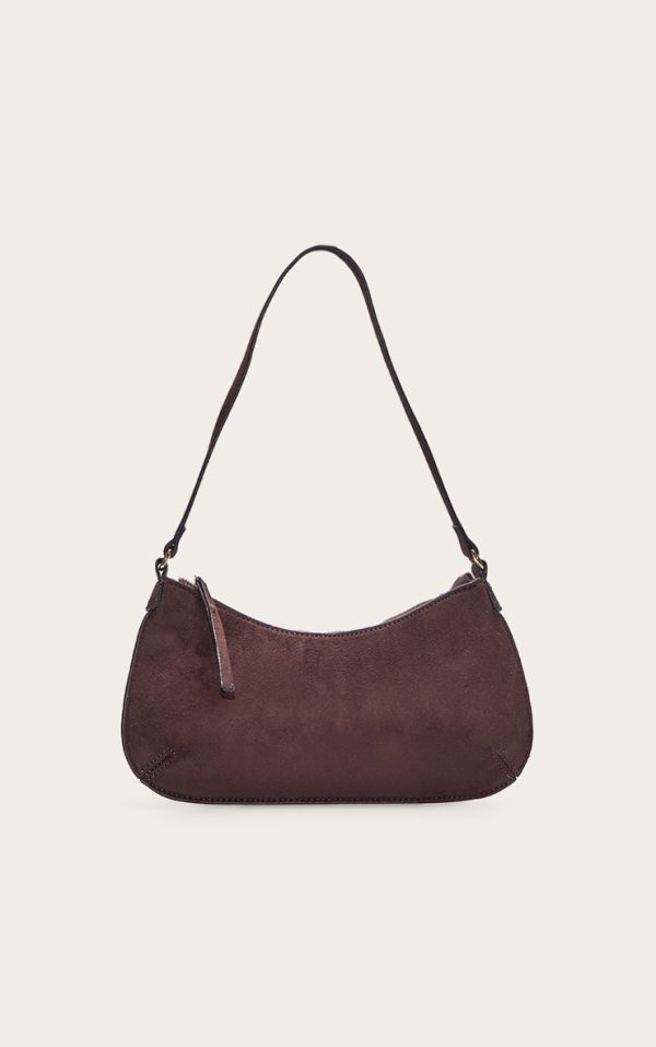 Chocolate Faux Suede Baguette Shoulder Bag