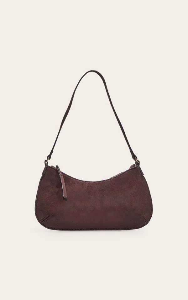 Chocolate Faux Suede Baguette Shoulder Bag