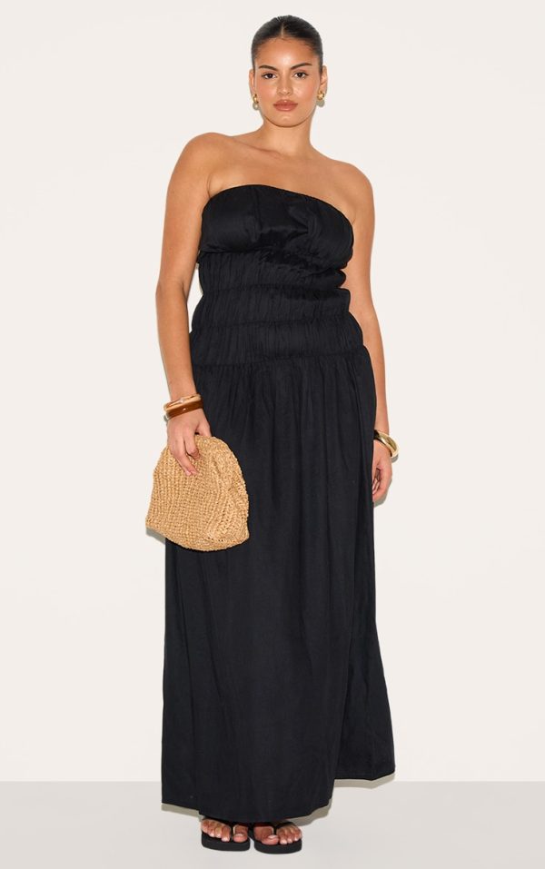 Plus Black Bandeau Ruched Detail Maxi Dress