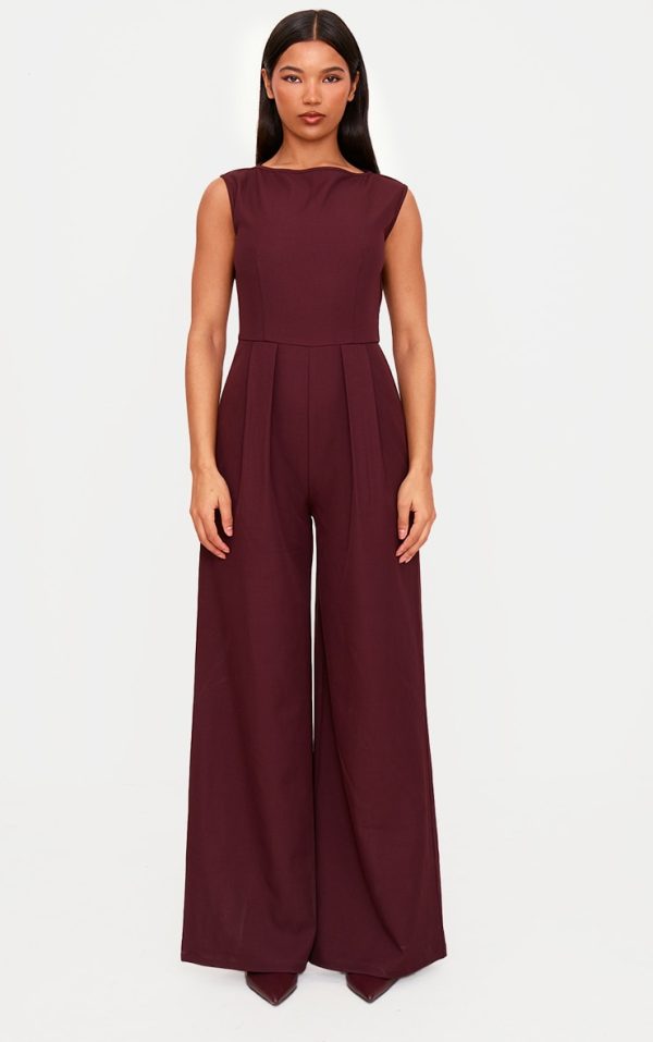 Burgundy Structured Woven Boat Neck Tailored Straight Leg Jumpsuit