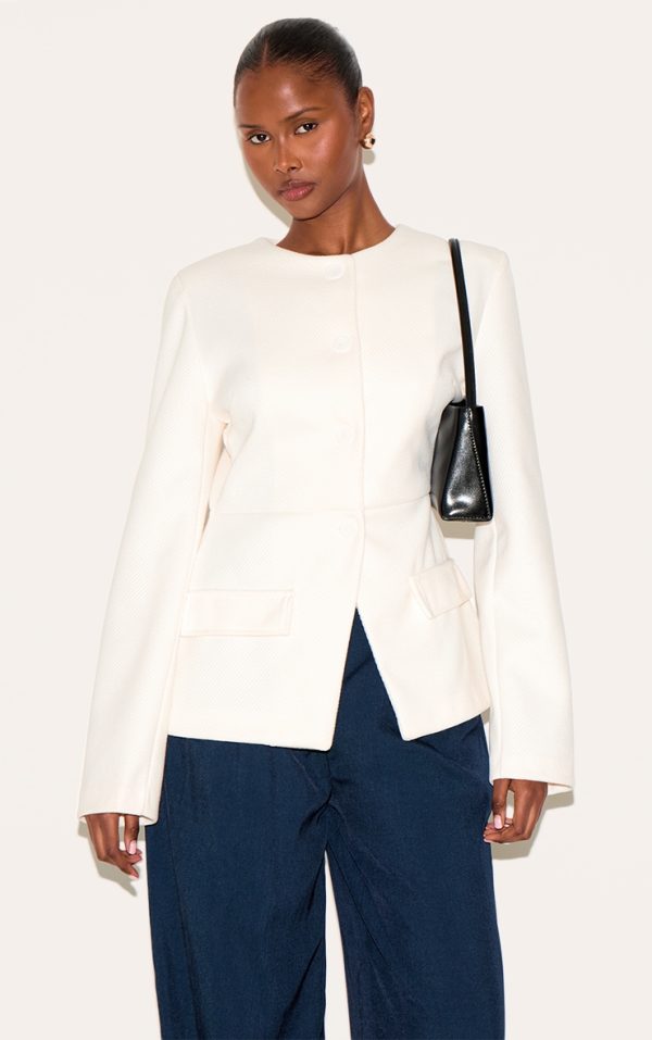 Cream Button Up Longline Collarless Blazer
