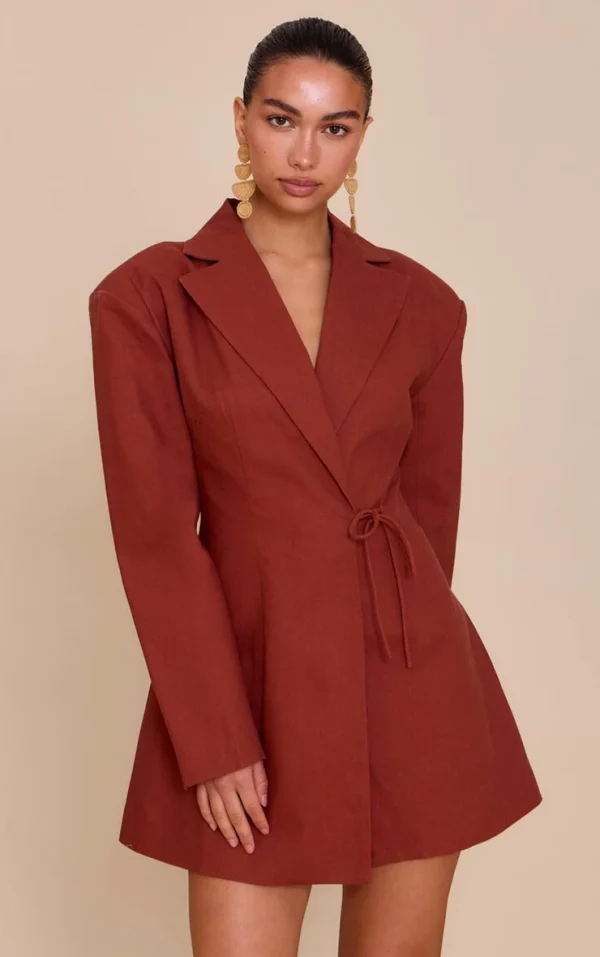 Rust Linen Blend Tie Detail Blazer Dress